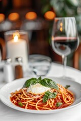 A plate of spaghetti with tomato sauce, basil, and cheese, paired with a glass of red wine, set on a white tablecloth
