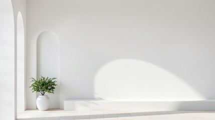 A white room with a white wall and a white vase with a plant in it