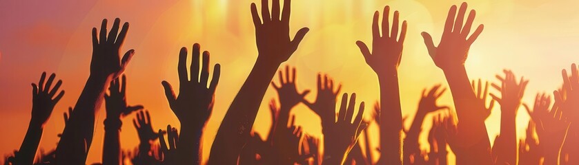 Silhouettes of raised hands against a sunset sky.