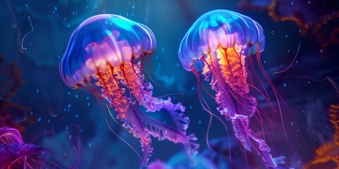 Naklejka premium Two bioluminescent jellyfish swimming in deep ocean water, with glowing tentacles