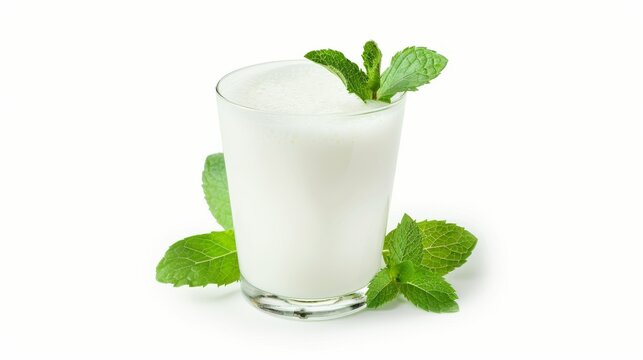 Turkish ayran served with fresh mint, isolated on white background. Cultures isolated on white. Photo realistic photo.