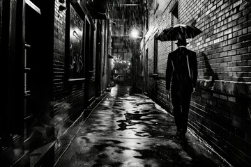 Fototapeta premium noir detective in rainy alley, black and white, mysterious atmosphere