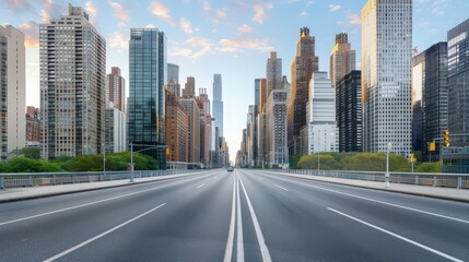 A city street with a large building in the background