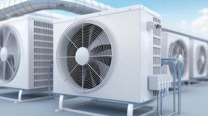 A white air conditioner with a black fan is on a building