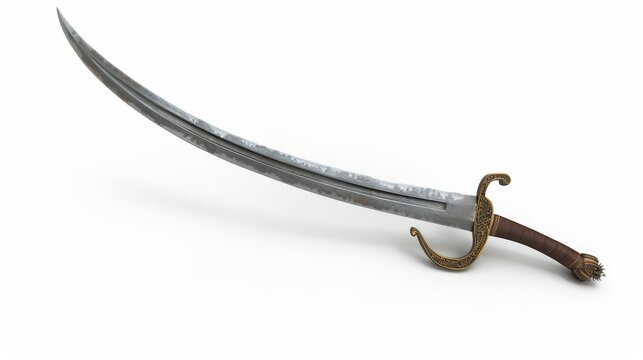 Highquality photo of a pirates curved cutlass sword on a white background. Historical events isolated on white. Photo realistic photo.