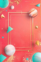 A modern abstract scene with a gold frame on a vibrant yellow background, highlighted by geometric shapes in the corners and room for text