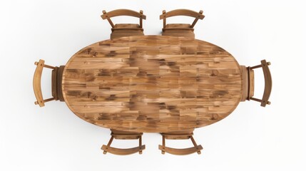 3d rendering of wooden dining table with chairs isolated on white background, top view angle. Historical events isolated on white. Photo realistic photo.