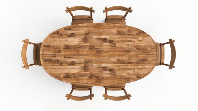 3d rendering of wooden dining table with chairs isolated on white background, top view angle. Historical events isolated on white. Photo realistic photo.
