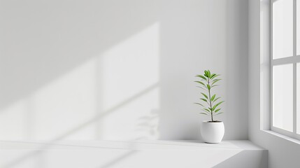 A white wall with a plant in a white pot