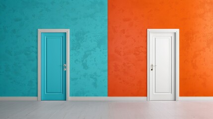 Two doors with one blue and one orange