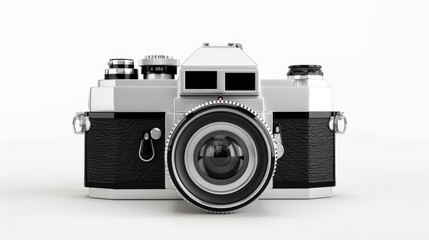 A classic film camera with a black and silver body, centered on an isolated white background. Movies isolated on white. Photo realistic photo.
