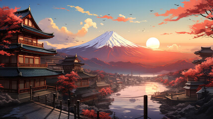 Obraz premium generated illustration of anime comic artstyle of japanese village city town with mt fuji as background in the morning