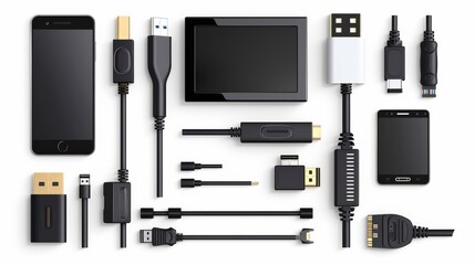 Phone charger various converter cables adapters for computers and smartphones HDMI VGA USB DVI DP isolated on white. TV shows isolated on white. Photo realistic photo.