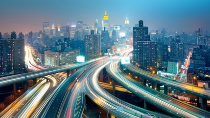 Obraz premium A city at night with many buildings and a freeway