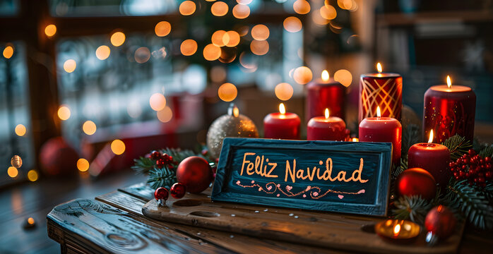 A sign with the words Feliz Navidad written on it is surrounded by candles