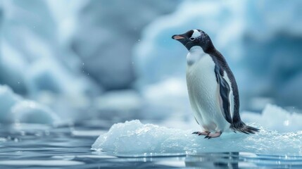 Fototapeta premium Penguin on an ice floe, with a backdrop of snow and ice, highlighting its arctic environment.