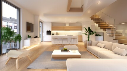 A large, open living room with a white couch, a coffee table, and a potted plant