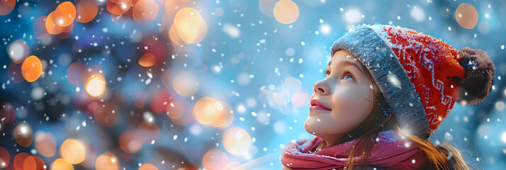A young girl wearing a red hat and a pink scarf is looking up at the sky