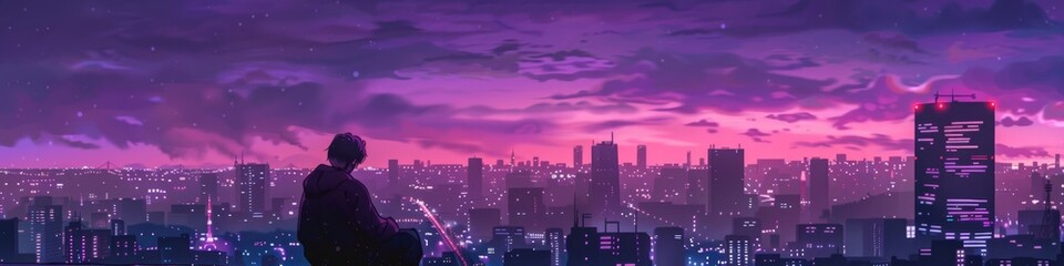 Fototapeta premium Abstract Nighttime Skyline with Cool Purple Tones: Lo-Fi Ambiance Inspired by Comics and Anime. Futuristic Urban Landscape Depicting Prosperity and City Nightlife. Aerial View of Thriving Metropolis. 