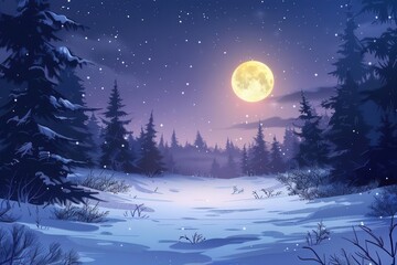 Naklejka premium winter night landscape snowy forest and fir branches