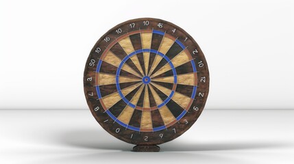 Obraz premium Darts board with blue center on white background. 3D rendering. Board games isolated on white. Photo realistic photo.