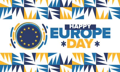 Europe Day. Annual public holiday in May. Is the name of two annual observance days - 5 May by the Council of Europe and 9 May by the European Union. Poster, card, banner and background. Vector
