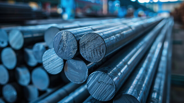 Stacked metal rods in a warehouse, highlighting industrial manufacturing and raw material storage.