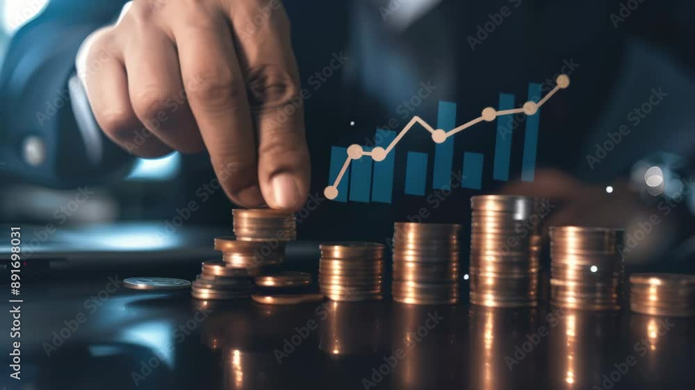 Poster Close-up of a businessman's hand stacking coins with a rising graph in the background. Concept of financial growth, investment strategy, and wealth management 