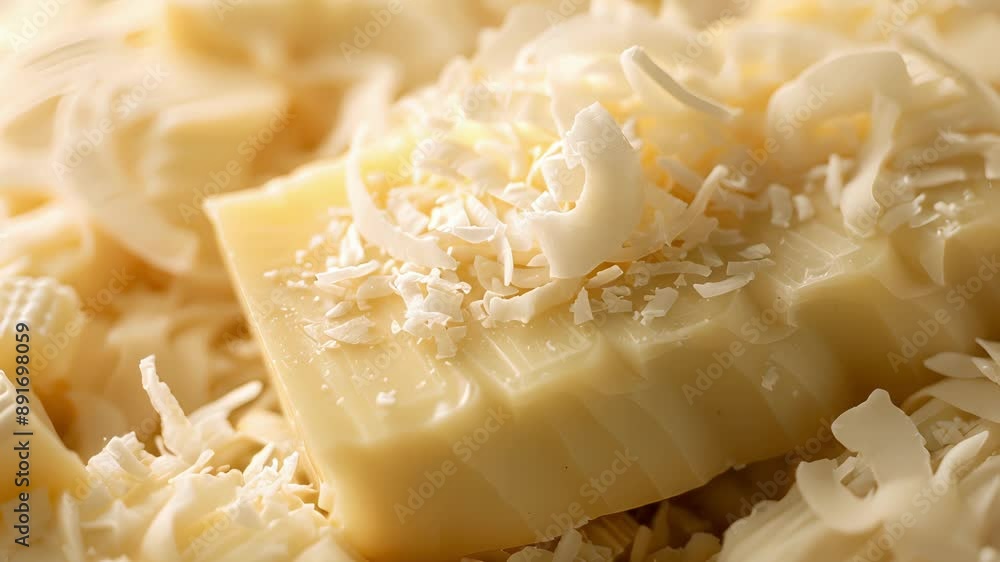 Poster an upclose shot of a coconut milk soap bar highlighting the creamy texture and the flecks of shredde
