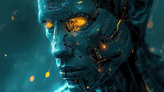 A man's face is shown in a blue and yellow color scheme