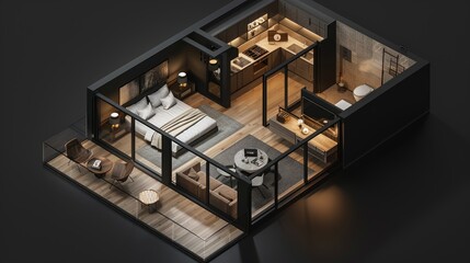 3D blueprint of a house or apartment with modern interior design.