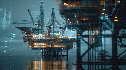 Oil platform against economic data background, concept of rising gasoline prices with double exposure of digital screen, global oil industry
