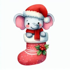 Fototapeta premium A cute elephant wearing a Santa hat peeks out of a Christmas stocking decorated with holly.