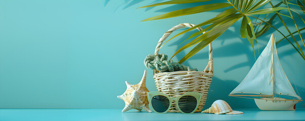 Seashells, summer bag and glasses on a blue background. Banner concept template for advertising vacations, travel packages, summer sales with space for text