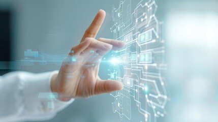 A hand is reaching out to touch a screen with a blue background
