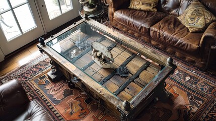 Rustic Charm: Close-Up of Upcycled Door Coffee Table with Glass Top and Stylish Accents