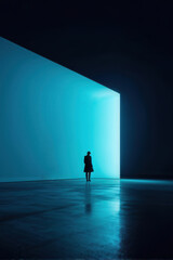 Obraz premium Less is More: A Solo Figure Bathed in Light in a Minimalist Composition. Simple Serenity: A Person Finds Peace in a Clean and Uncluttered Space. generative AI