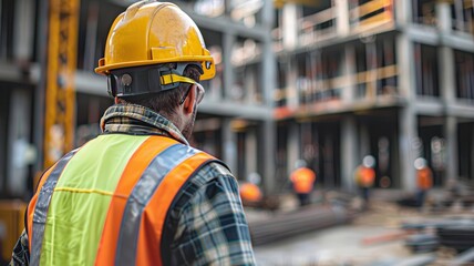 Construction worker in safety gear at building site, overseeing progress. Focus on foreground, with background containing scaffolding and colleagues.