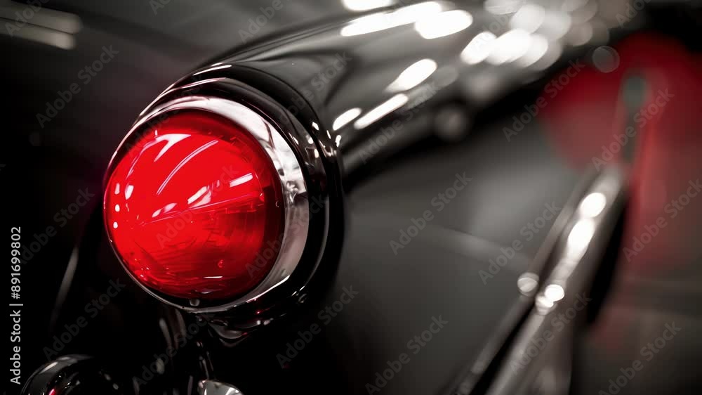 Poster a dramatic black and white image of a tail light with the bold red color standing out against the co