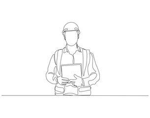 Continuous one line drawing of young construction coordinator manager. One line drawing illustration of young architect manager. Architecture business, Labor day concept line art. Editable outline