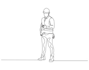 Continuous one line drawing of young construction coordinator manager. One line drawing illustration of young architect manager. Architecture business, Labor day concept line art. Editable outline