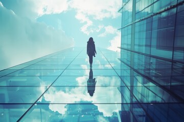 A lone figure walks on a glass floor, reflecting sky and clouds. Modern building towers nearby in a surreal cityscape.