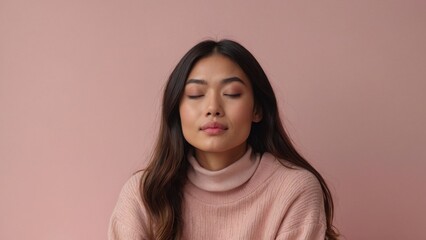 Fototapeta premium Woman With Long Black Hair Wearing a Pink Sweater Against a Pink Background