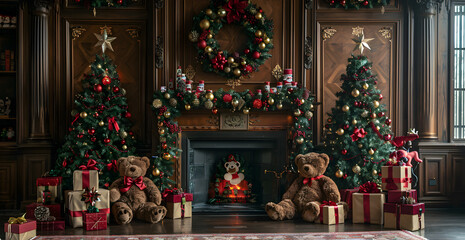 A room with a fireplace and two teddy bears, one of which is wearing a Santa hat