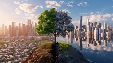 Fototapeta premium Split-Screen Image Showing a Polluted and Clean Cityscape