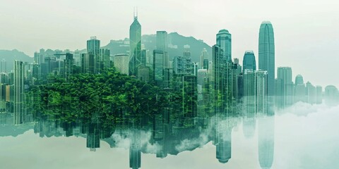 Obraz premium Abstract Double Exposure: Lush Green Forest Merging with Modern Urban Skyline. Environmental Concept for World Environment Day. Eco-friendly, Low-carbon Theme Highlighting Nature-City Coexistence. 4K 