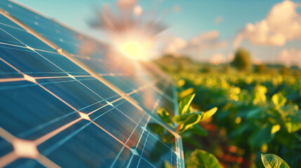 solar panel with sun and green field in background, concept for renewable energy