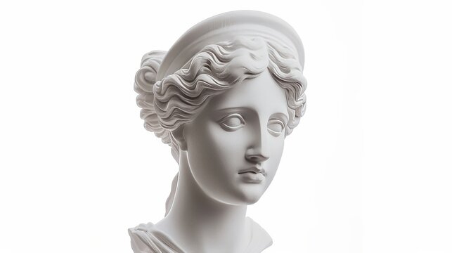 Gypsum copy of Ancient Statue Venus head isolated on white background. Plaster white Sculpture Woman face. Architecture styles isolated on white. Photo realistic photo.
