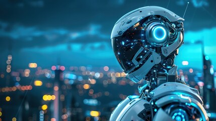 A robot with a blue helmet stands in front of a city skyline