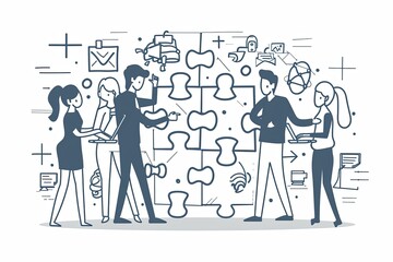 Outline of a business team collaborating and working as a unit